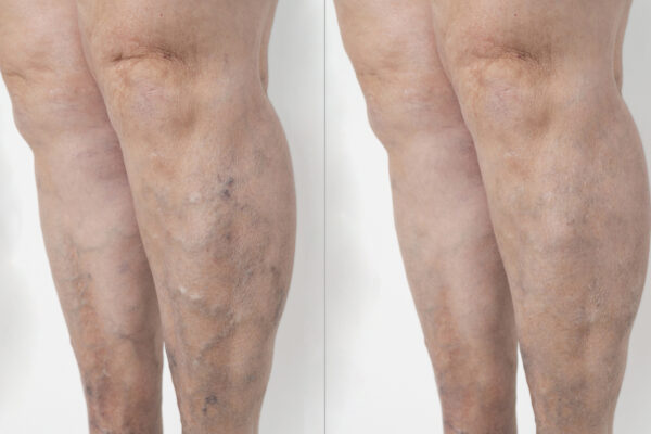 detail of one with smooth and beautiful legs of an elderly person, with varicose veins. Before and after concept. background, white background The concept of varicose disease.