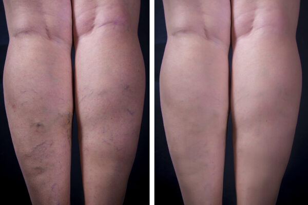 Varicose veins on dark background. Before and after. Studio shot