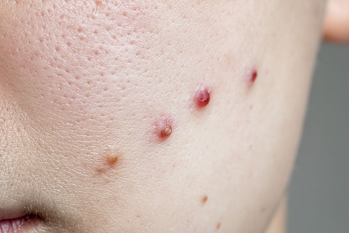 Small red cherry angiomas on skin